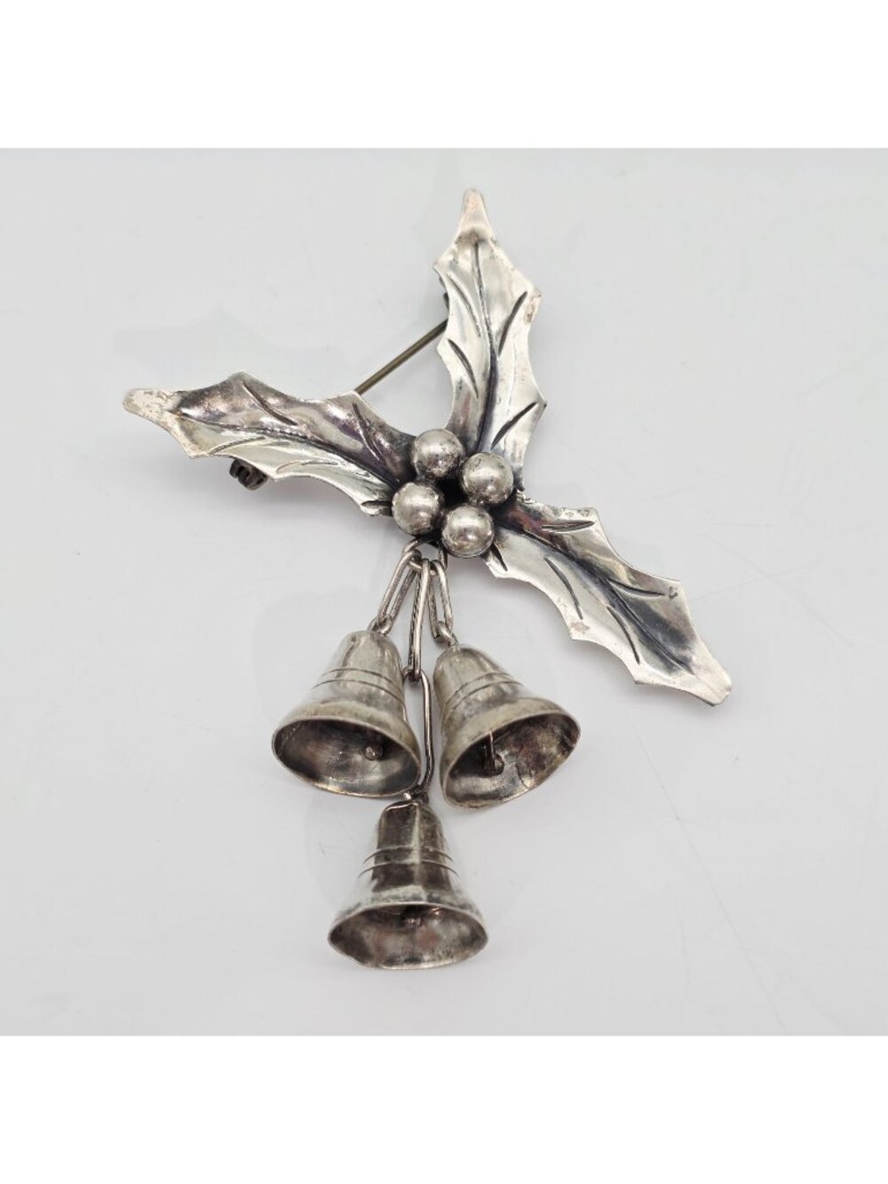 Vintage Sterling Silver Holly & Bells Brooch Pin Mexico Signed Taxco 925
